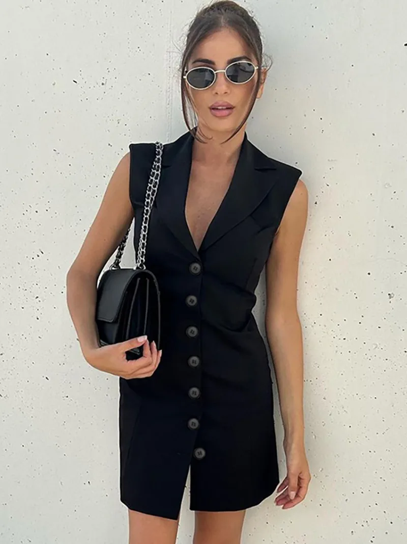 Moda monopetto Slim scollo a v abiti donna estate elegante gilet senza maniche nero colletto rovesciato Office Lady Streetwear