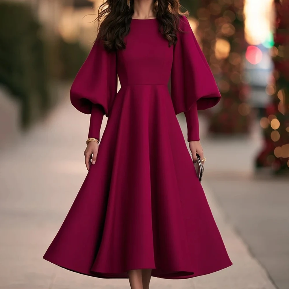 Vestidos de noche de estilo sencillo para mujer, manga larga, cuello redondo, color fucsia, tejido de punto, corte en A, largo hasta el tobillo, vestido para invitadas a bodas y fiestas, personalizable.