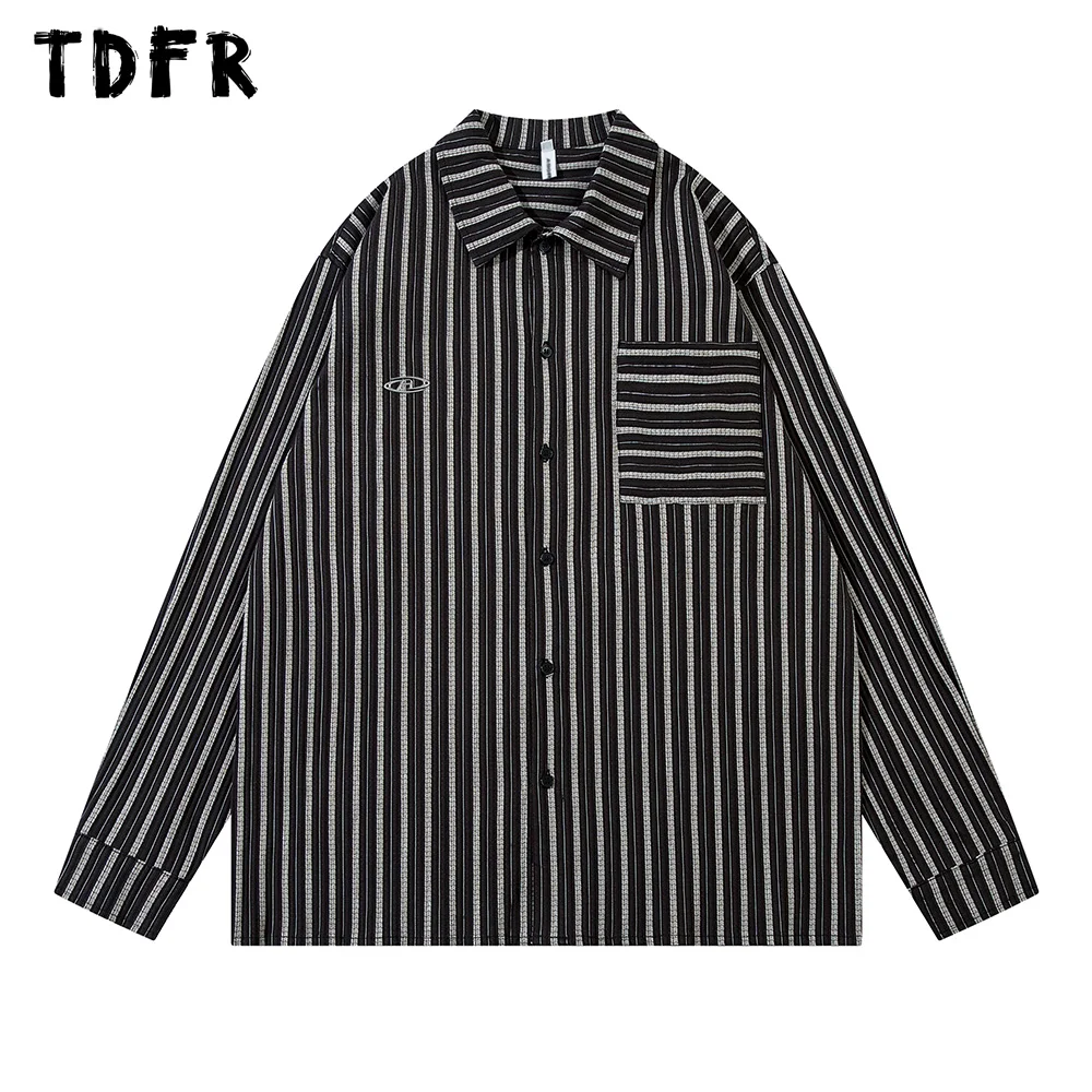 

Pocket Vertical Stripes Shirts Mens Autumn Streetwear Loose Lapel Single Breasted Long Sleeve Spliced Shirts Men