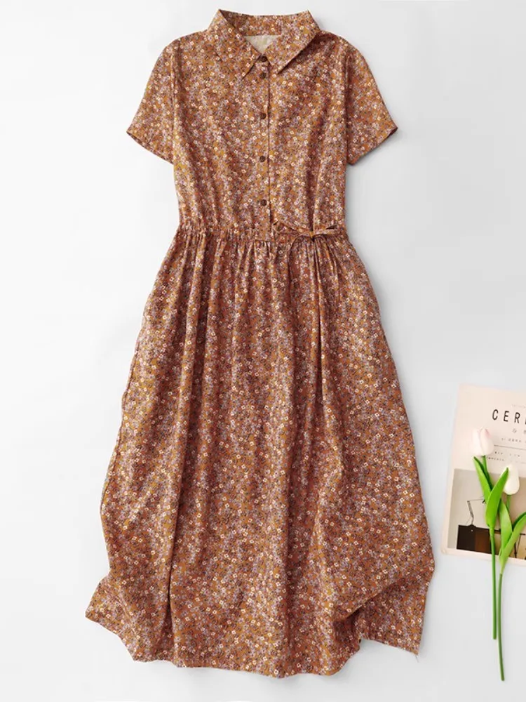 

Elegant Fashion Floral Print Women Dresses 2025 New Summer Turn Down Collar Midi Dress Casual Loose Holiday Beach Sundress