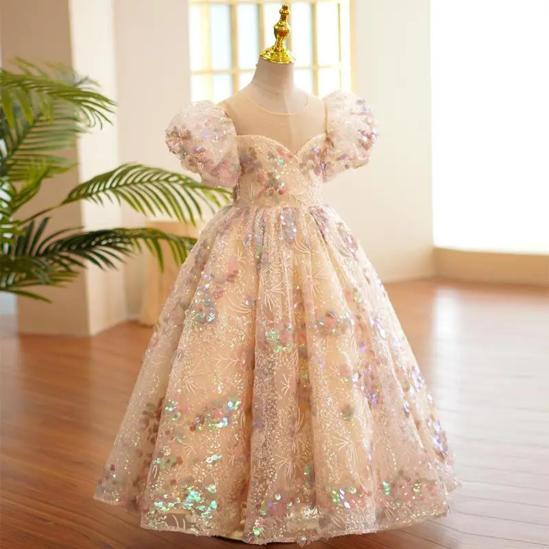 2022 Bling Beaded Crystal Flower Girls Dresses for Wedding Tulle Floor Length Girl Pageant Birthday Party Gowns