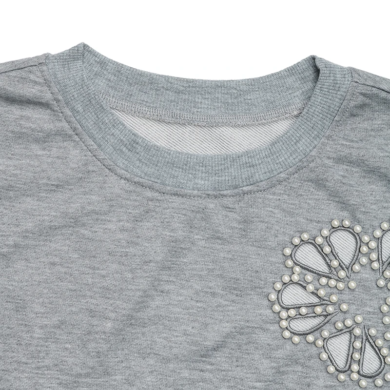 Women's Gray Pearl Embellished Cutout Sweatshirt Casual Loose Round Neck Long Sleeve Pullover Top