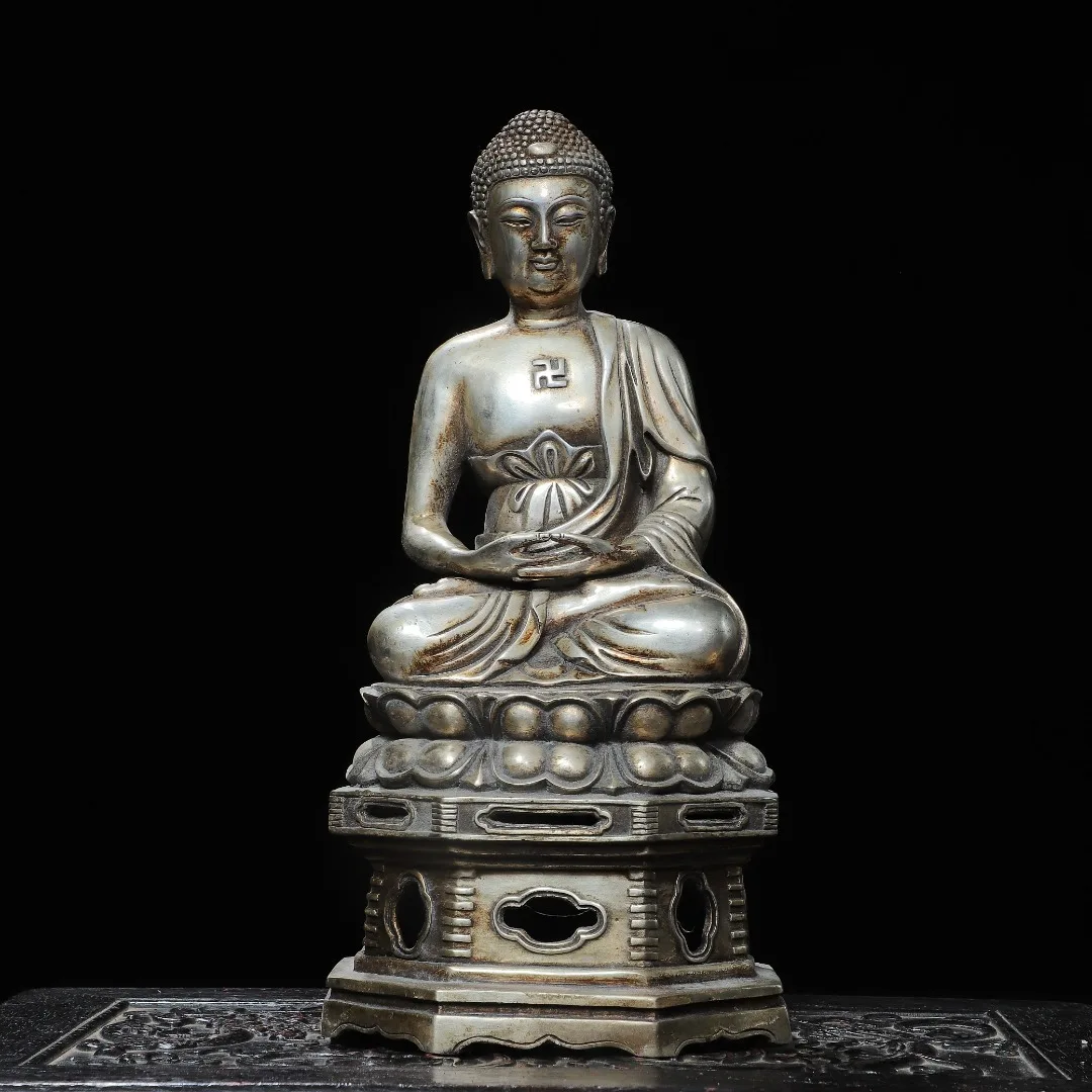 

Old Bronze Gilded Silver Amitabha Buddha Sitting on the Buddha's Platform Northern Wei Buddha Shakyamuni Worship Hall