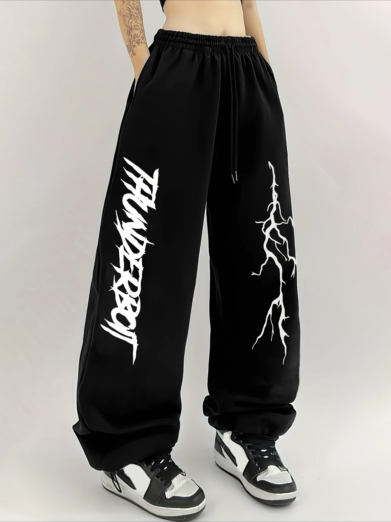 

Street-style Casual Creative Trend Letter Lightning Print Fashionable Individual Drawstring Straight Sports Jogging Long Pants