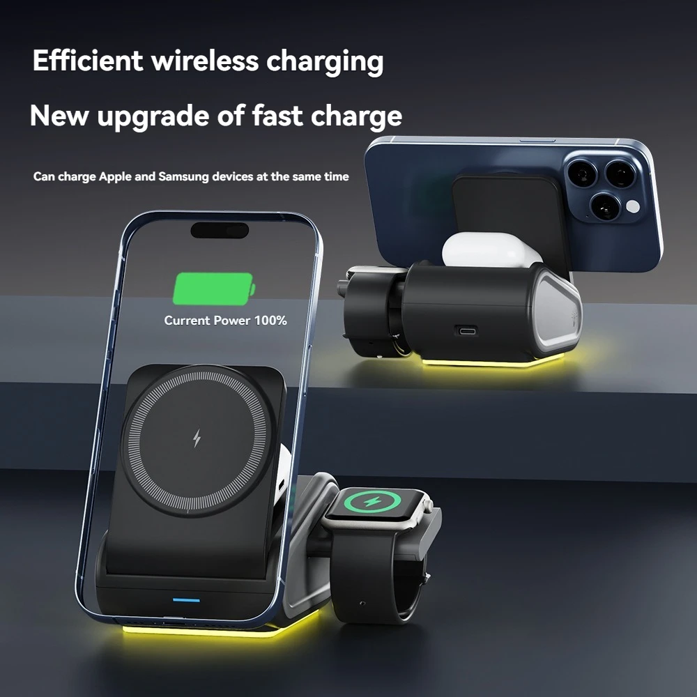 

4 in 1 Magnetic Charging Phone Charger for Iphones 12/13/14/15/16 Wireless RGB Nightlight Folding Telescopic Mobile Phone Stand