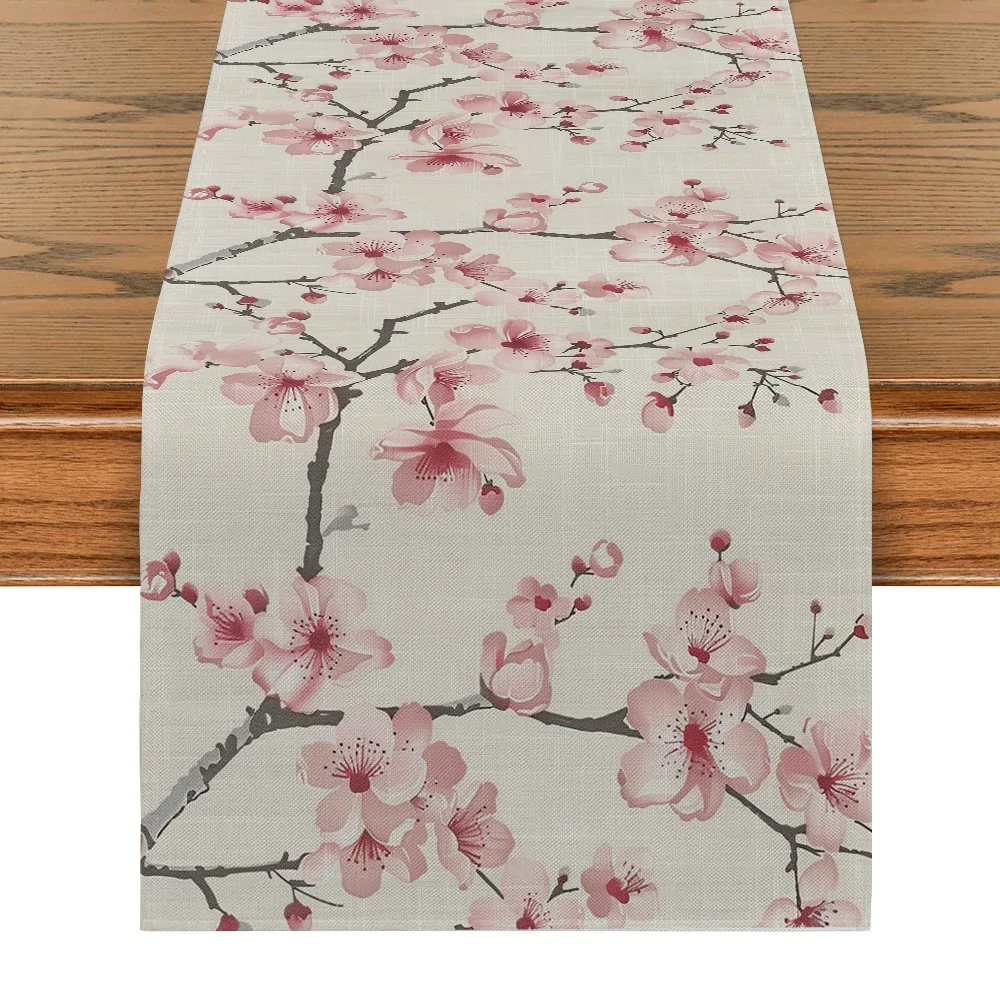 Spring and Summer Season Table Runner Flowers Peach Blossom Branches Living Room Dustproof Table Runner Dining Table Decoration