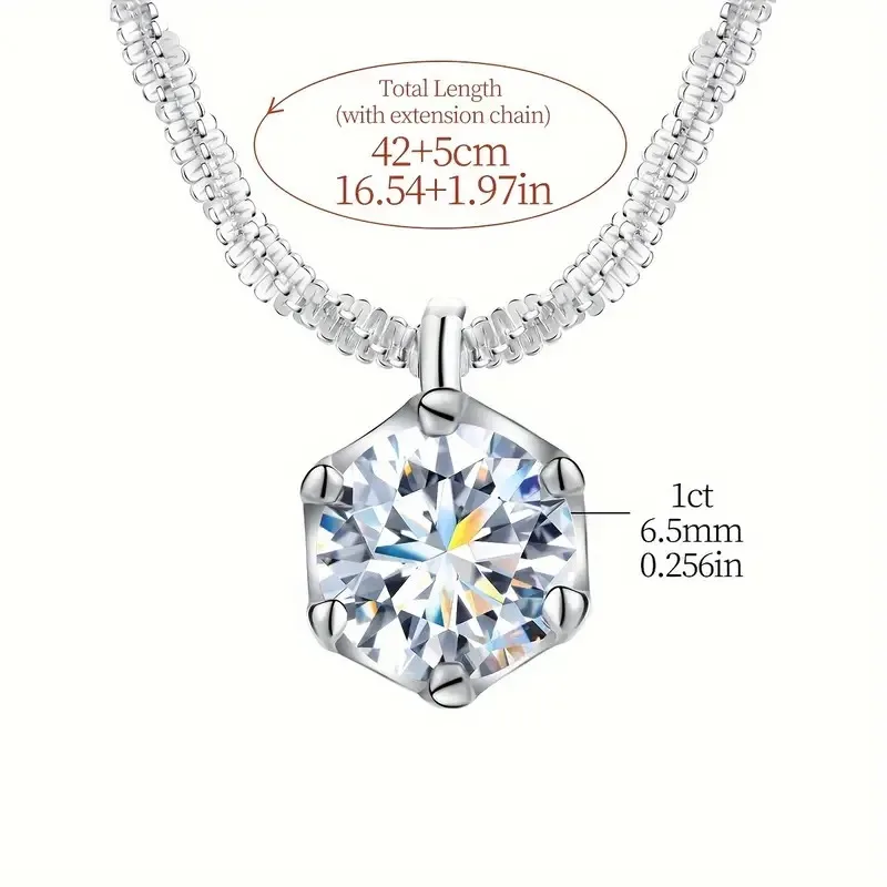 1CT Sparkling Luxury Moissanite Diamond White Pendant Necklace for Women Real 925 Sterling Silver High Quality Fine Jewelry