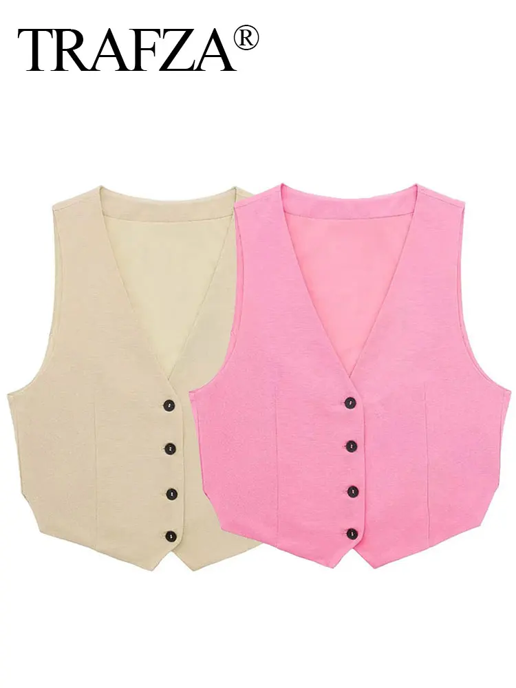 TRAFZA Women Elegant Solid Vests Slit Single Breasted Sleeveless Waistcoat Slim Cropped Top Summer Fashion Streetwear Vest