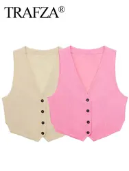 TRAFZA Women Elegant Solid Vests Slit Single Breasted Sleeveless Waistcoat Slim Cropped Top Summer Fashion Streetwear Vest