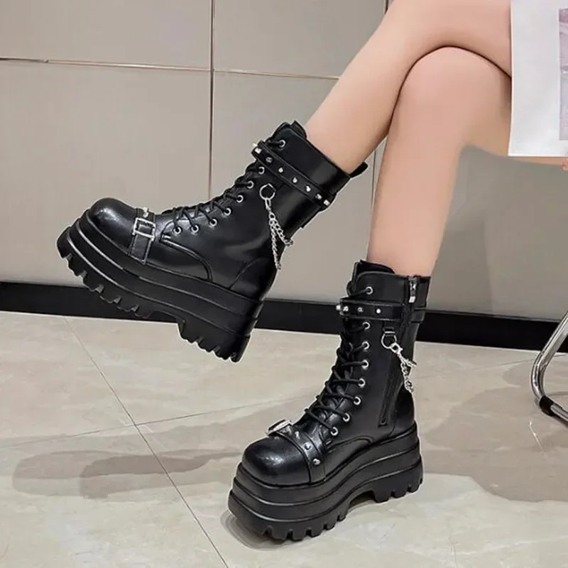 جديد الخريف الفاخرة Winte منصة النساء حذاء من الجلد القوطية نمط كول النساء أحذية قتالية العلامة التجارية الشارع النساء حذاء التمهيد حجم كبير 42 #3