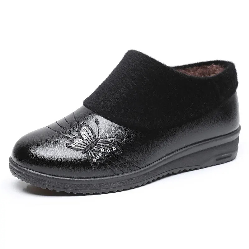 

Women's Black Warm Fleece-Lined Slippers Butterfly Decor Slip-On Non-Slip Sole Comfortable Winter Shoes Elderly Daily Footwear