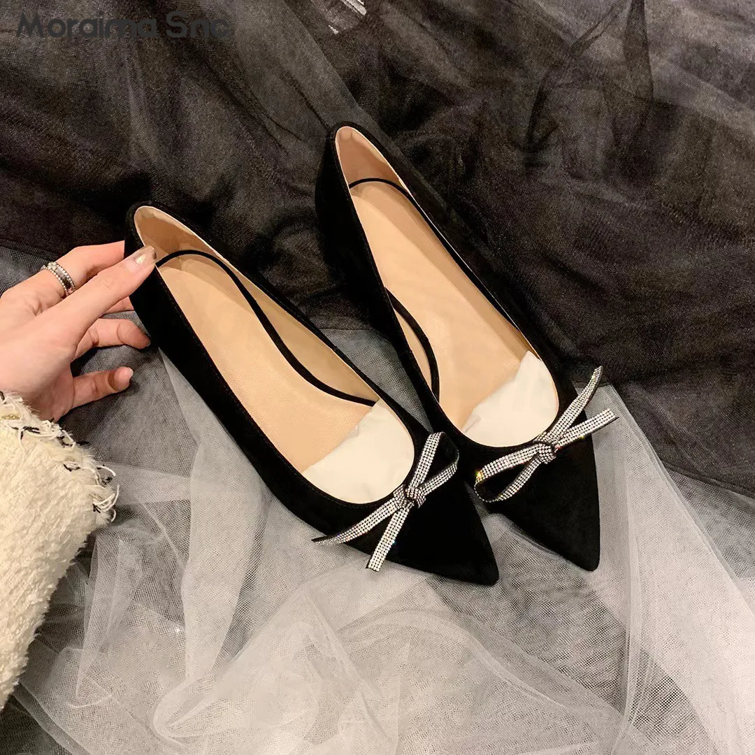 

Rhinestone Bow Elegant Flat Shoes Pointed Toe Black Upper Shallow Mouth Elegant Flat Shoes Professional Women's Shoes