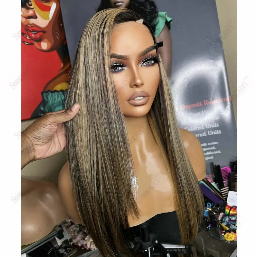 Seidig glattes 100% Remy Echthaar 1x4 V-Part Perücke für schwarze Frauen, Highlight Blonde, klebefreie U-Part Perücke mit Clips – Detail 4