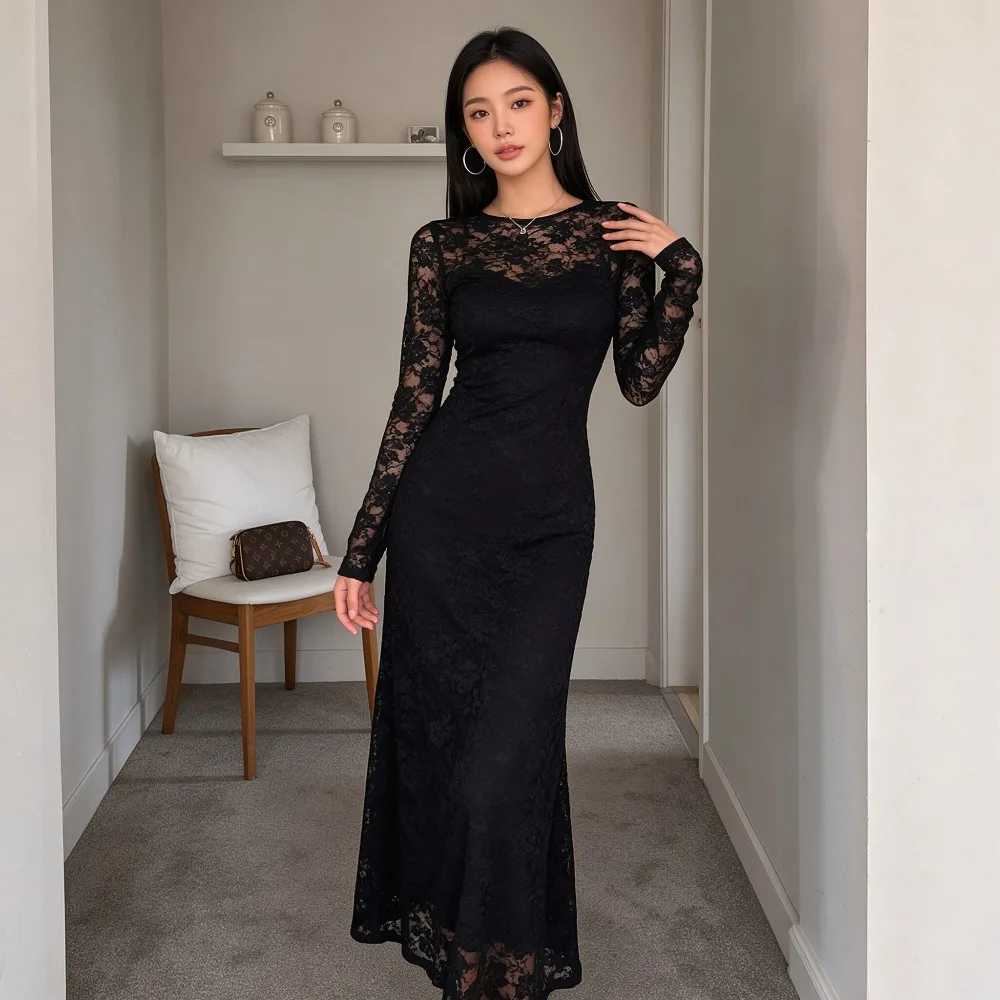 2026 New Lace Sheer Maxi Dress, Long-Sleeve Fitted Sexy  Pattern Women's Dress, Vintage Birthday Party Evening Long Dresses