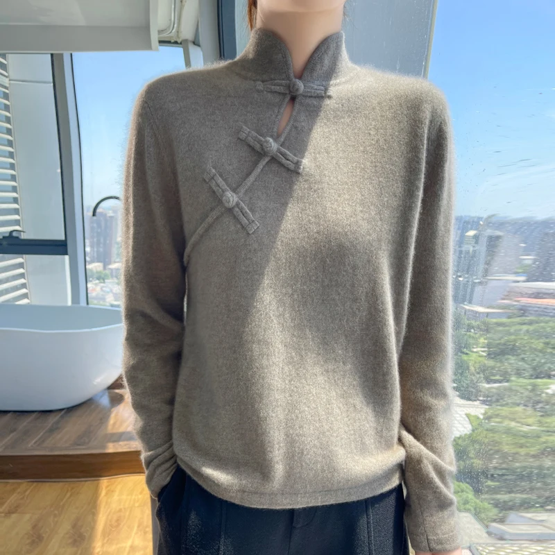 Autumn and Winter New 100% Merino Wool Women's Cashmere Sweater Semi High Neck Pullover Fashion New Chinese Warm Bottom Knit