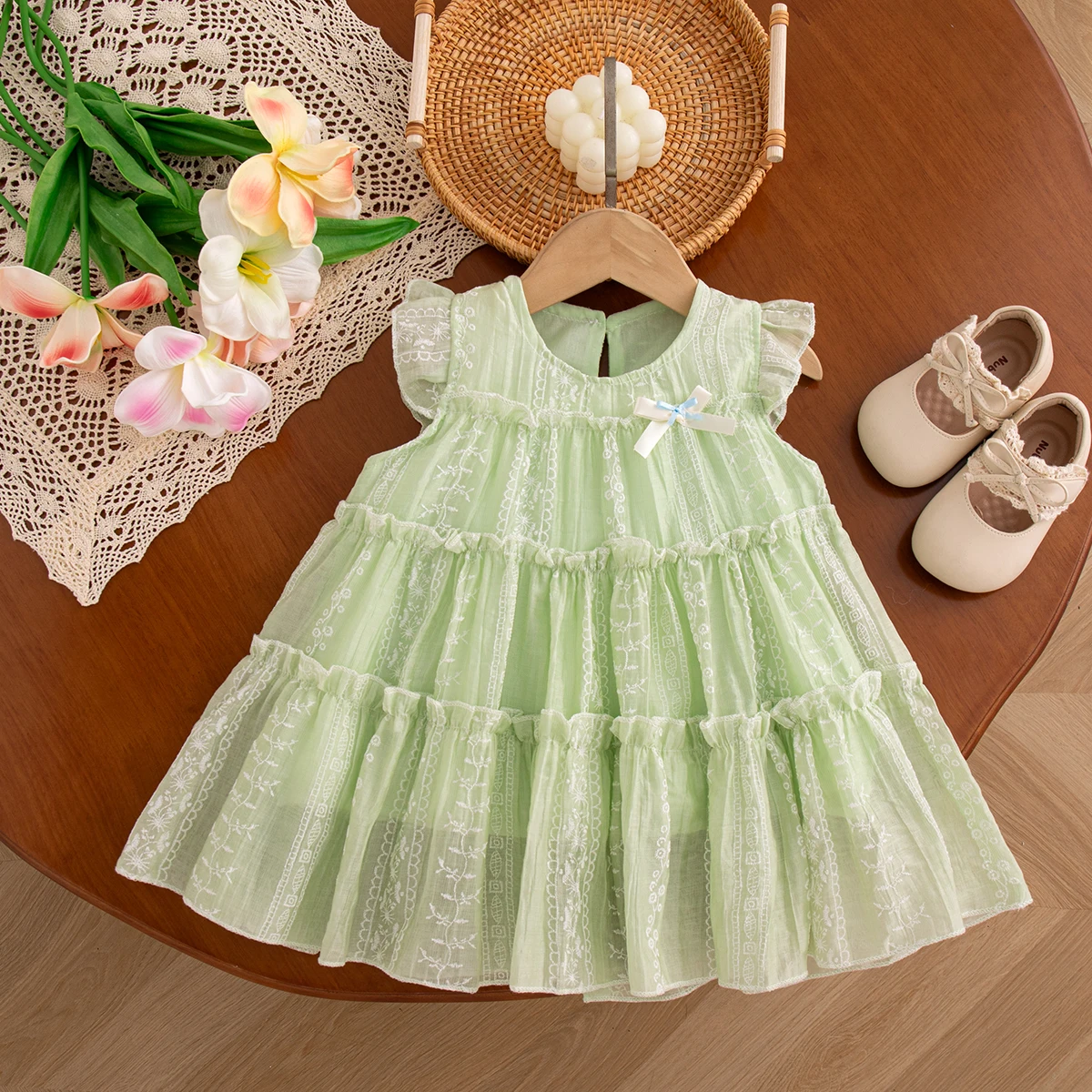 Summer Trend Sweet Green Bow Floral Crew Neck Birthday Party Baby Girl Fairy Dress Korean Style Cute Toddler Princess Dress