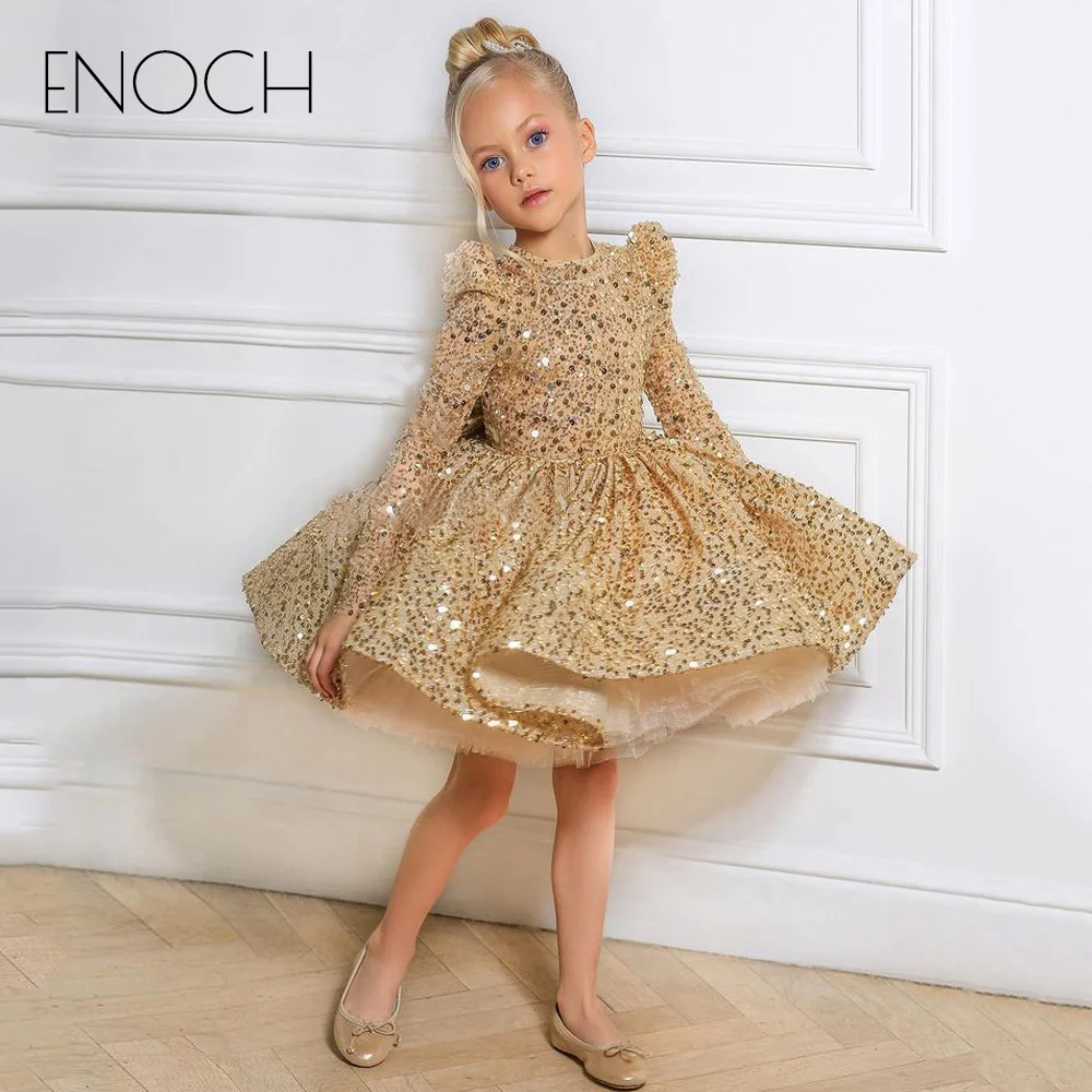 Enoch-vestidos de lentejuelas doradas de lujo para niñas, vestidos de flores de línea A, lazo grande, mangas largas, vestidos de desfile de fiesta de cumpleaños hinchados, nuevos niños