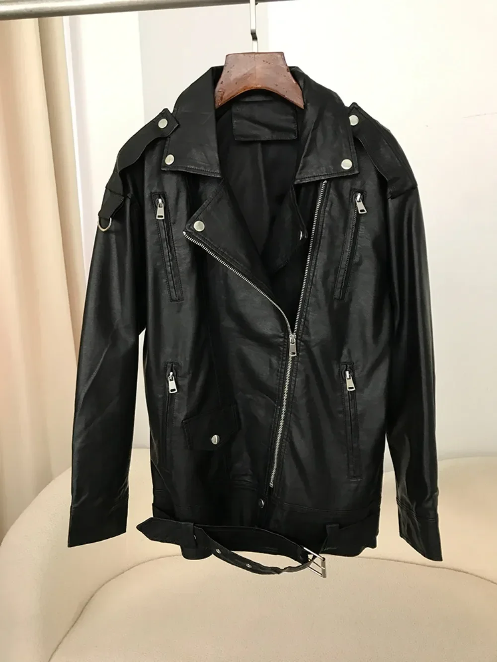 PU Leather Coat Motorcycle Faux Leather Jackets Fashion Black Women with Belt Oversize Korean Loose Causal Outerwear