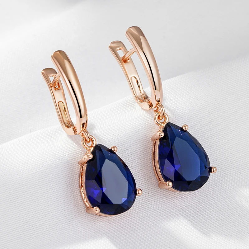 Kinel New Water Drop Dark Blue Long Dangle Earrings for Women 585 Rose Gold Color Natural Zircon Wedding Earrings Daily Jewelry