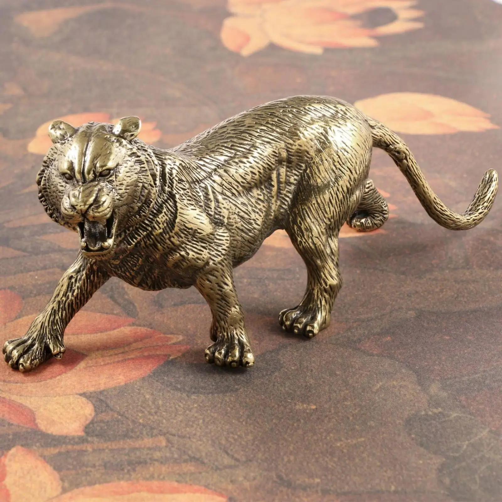 Brass Tiger Ornament Statue Antique Gold Finish Animal Sculpture for Shelf Desk Table Decor Collectible Display Piece