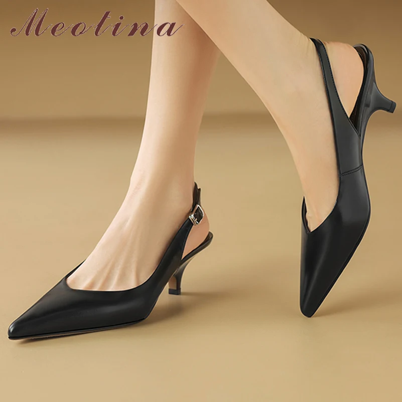 Meotina Women Genuine Leather Slingbacks Pumps Pointed Toe Thin Mid Heels Buckle Concise Design Ladies Fashion Shoes Summer 40