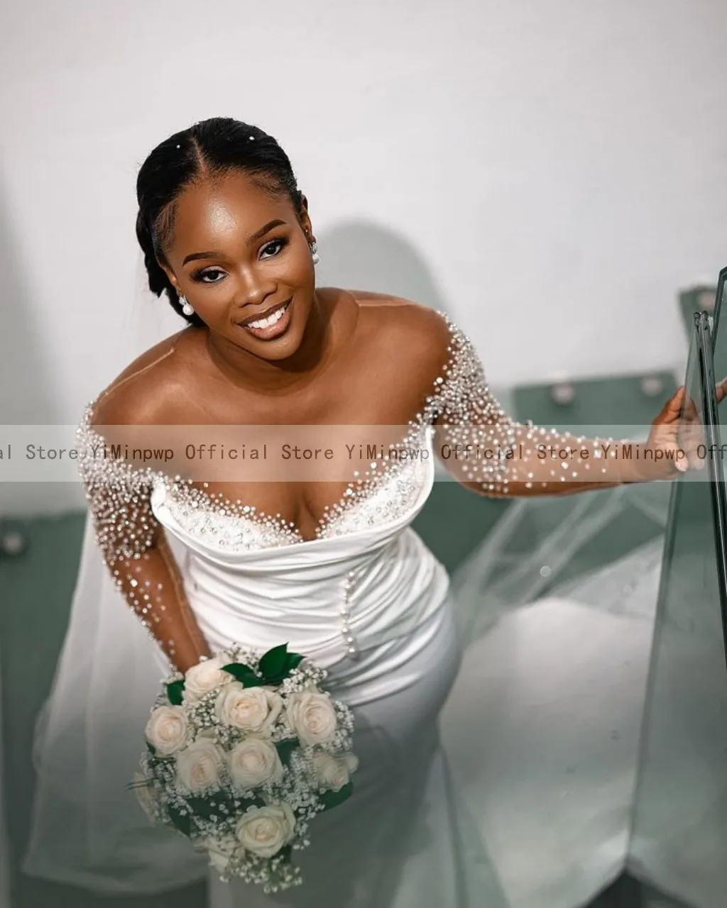 Africa Mermaid Wedding Dresses with Detachable Train 2025 Sheer Neck Long Sleeve Satin Beading Crystal Bridal Gowns Customized