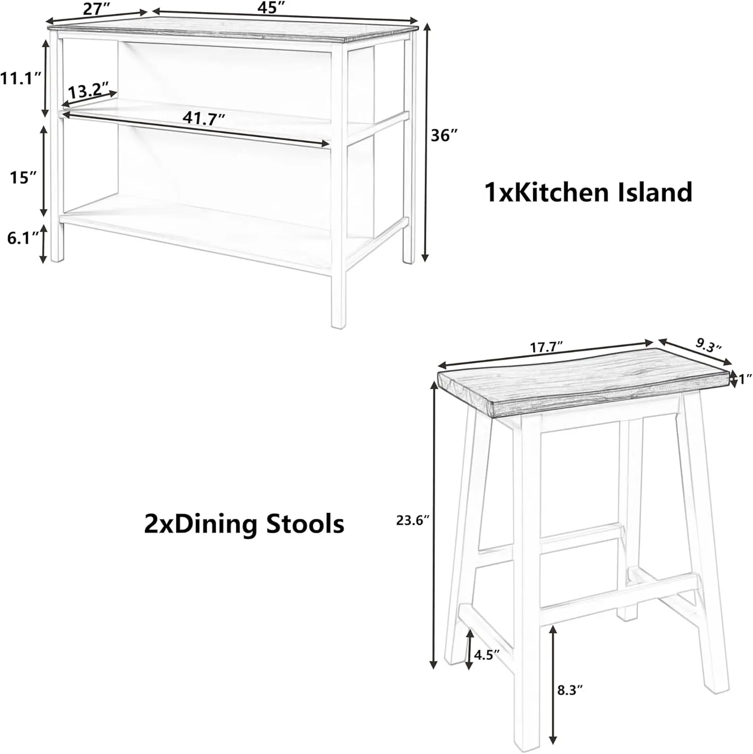 Harper & Bright Designs 3-Piece Kitchen Island Set With 2 Stools And 2 Open Shelves, Rustic Rubber Wood Dining Table Set Prep