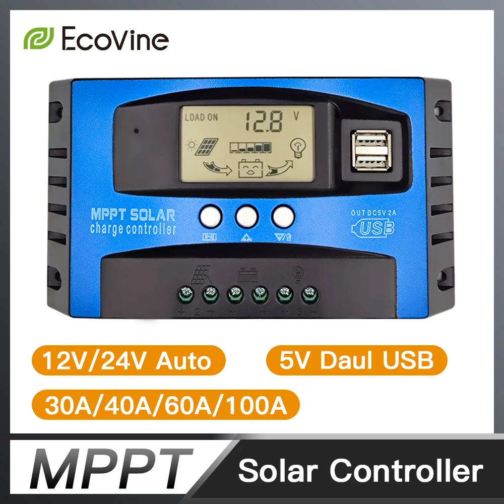 MPPT Solar Charge Controller 12V 24V Solar Panel Battery Charger 30A 40A 50A 60A 100A Dual USB LCD Display  Regulator with Load