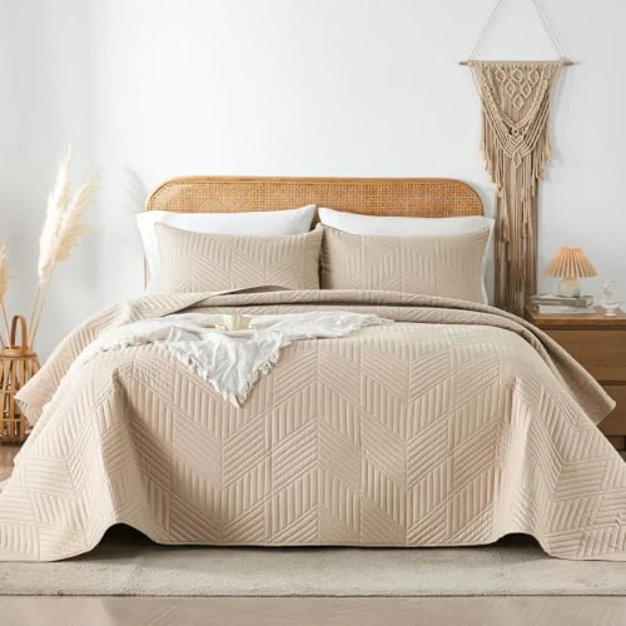 

Комплект постельного белья Queen Quilt: Бежевое ультразвуковое стеганое одеяло/покрывало Queen/Full, двустороннее, из микрофибры, легкое, мягкое, с современным геометрическим узором