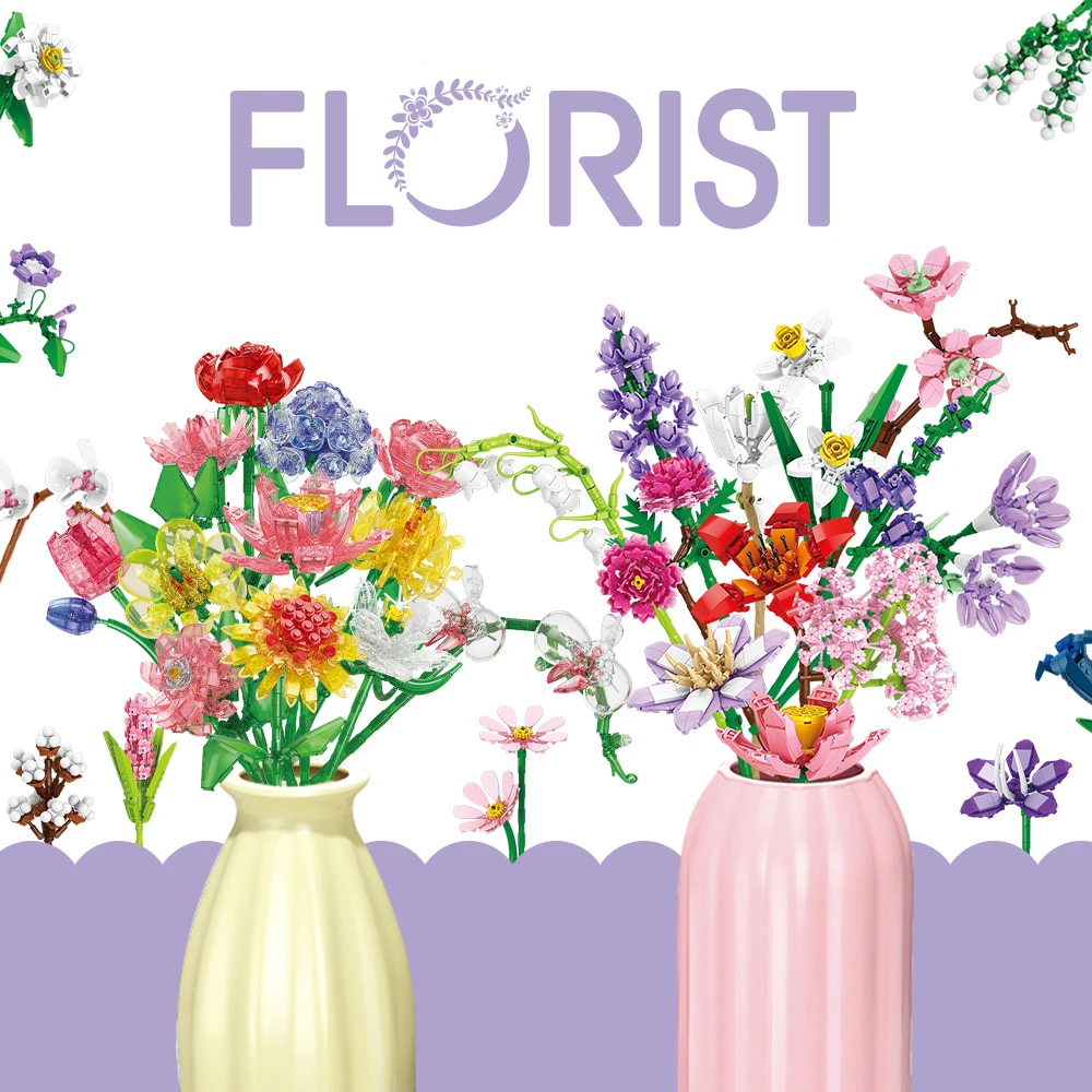 

38 стилей DIY строительный блок, набор букетов цветов с розой, лавандой, лилией, имитация кирпичей для украшения дома, подарок на день Святого Валентина