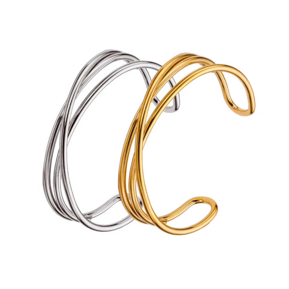 Vintage 18K Gold Plated Stainless Steel Twisted Open Cuff Bracelet Women 2-Color Wrap Waterproof Bangle Daily Wear Jewelry Gift