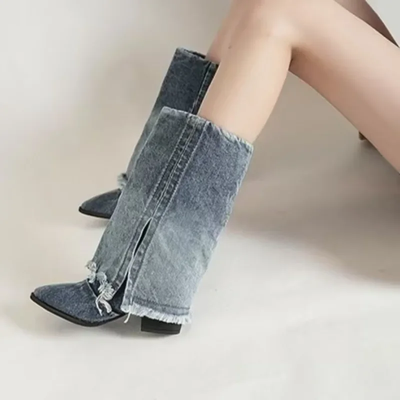 2025 Pointed Retro Pants Boots, Hottie Western Denim Mid Length Women's Boots, Fashionable and Popular Women's Short Boots