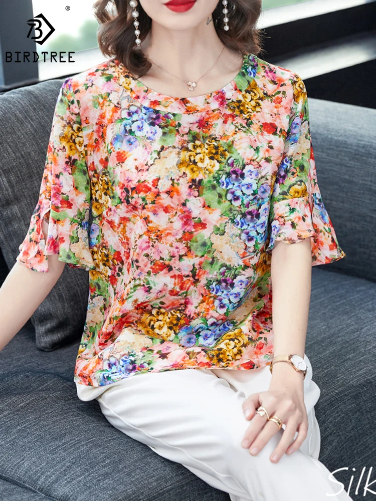 BirdTree 100%Real Silk T-shirt,Women's Round Neck Ruffled Sleeves Floral Print,Elegant Fashion Top,2024 Spring New T42226QD