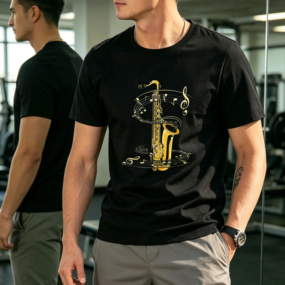 Music Notes Treble Clef Saxophonist Jazz Musician Saxophone T-Shirt Minimalist Saxophone Twisted Music Notes Graphic Men's Tees