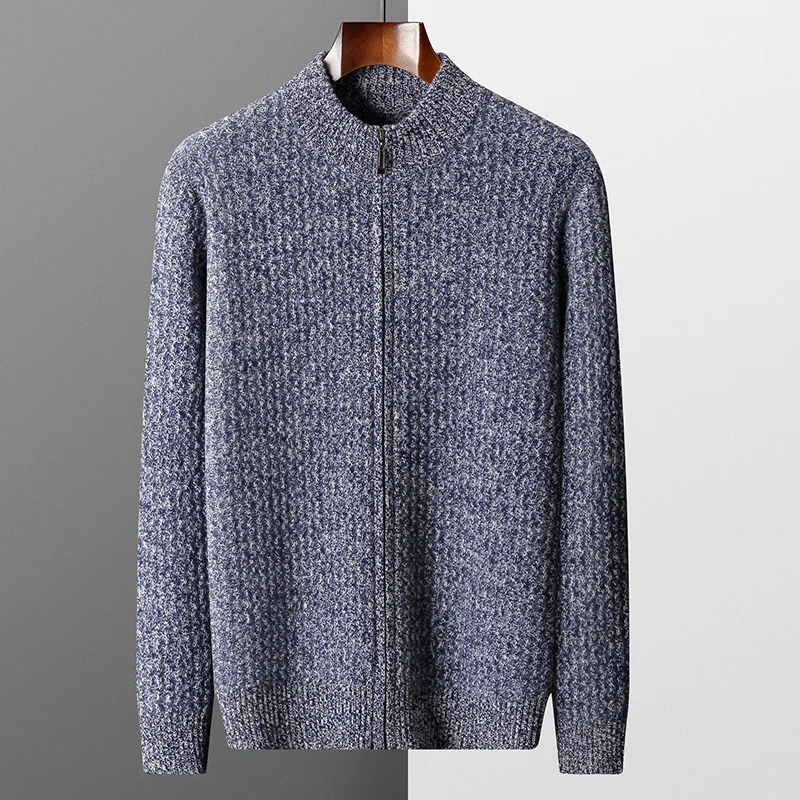 

100% merino wool autumn and winter new men's cardigan semi-high collar thick coat contrast knitted cashmere sweater top