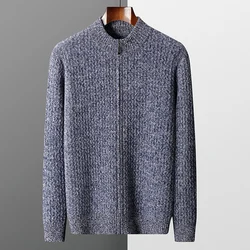 100% merino wool autumn and winter new men's cardigan semi-high collar thick coat contrast knitted cashmere sweater top