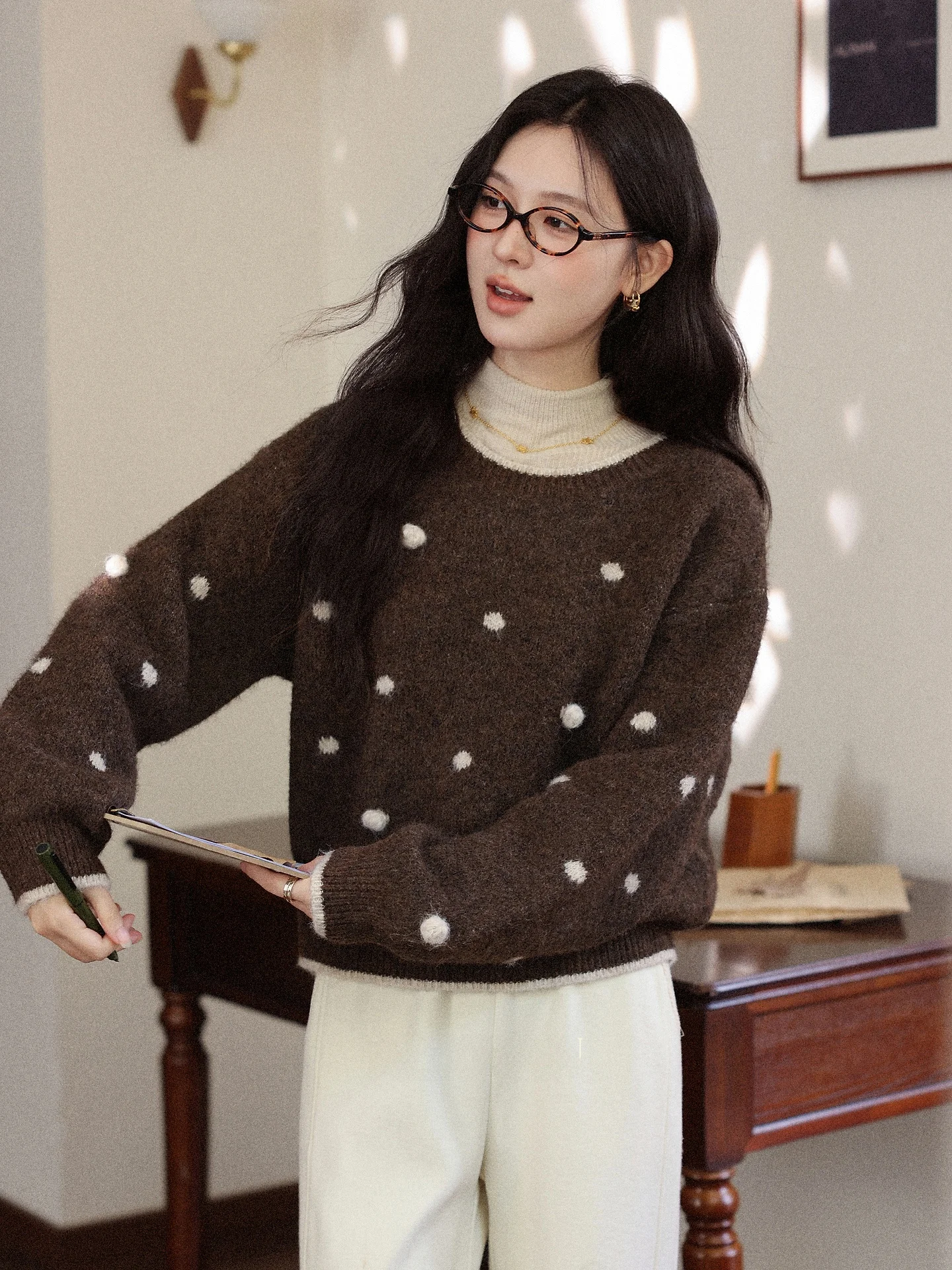 

Loose Women's Sweater Caramel Polka Dot Coffee Color Slimming Top Fall New Arrival Qipao Sle Long Sve Casual Faion
