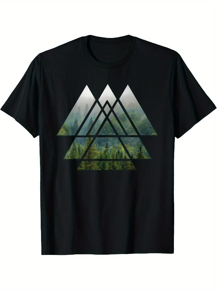 Sacred Geometry Triangles - Misty Forest-100% cotton O-neck short sleeve casual printed  Men's T-Shir.