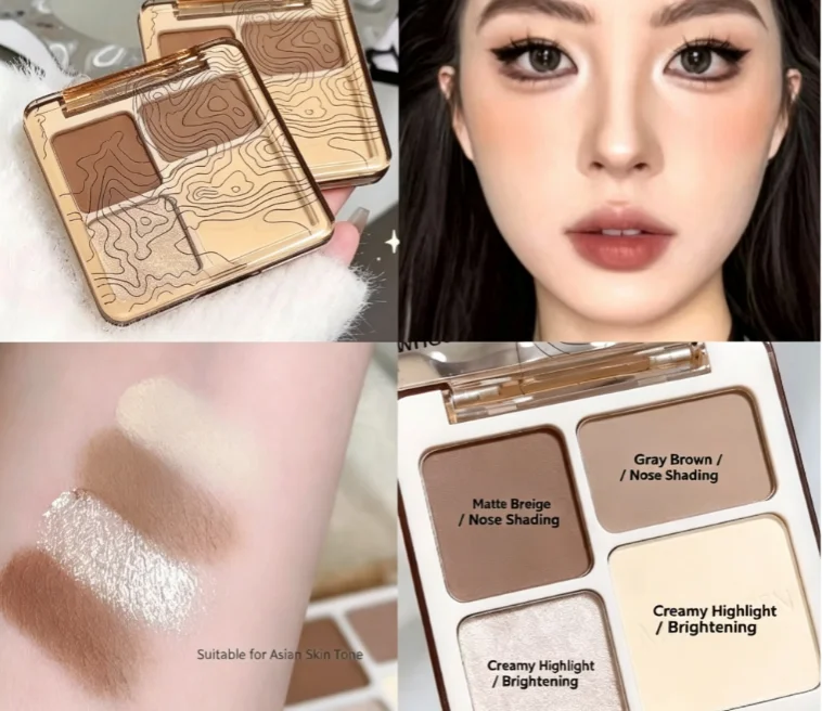 Three-Dimensional Facial Four-Color Highlight Contour Palette, Matte Long-Lasting Brightening Three-Dimensional Contour Cosmetic