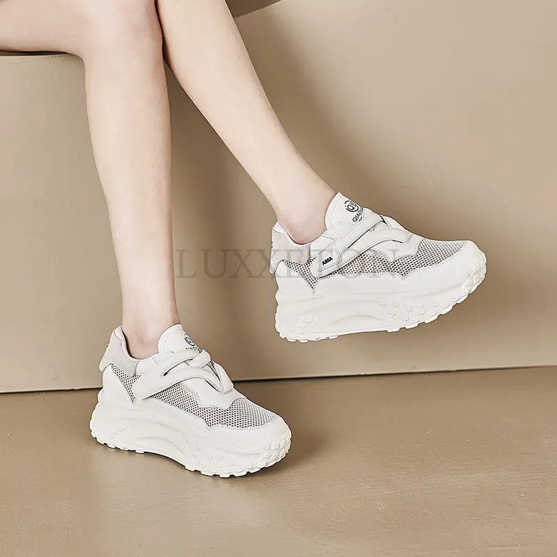 Mesh New Genuine Leather Comfy High Brand Breathable Shoes Chunky Sneaker Summer Platform Women Wedge Shoes