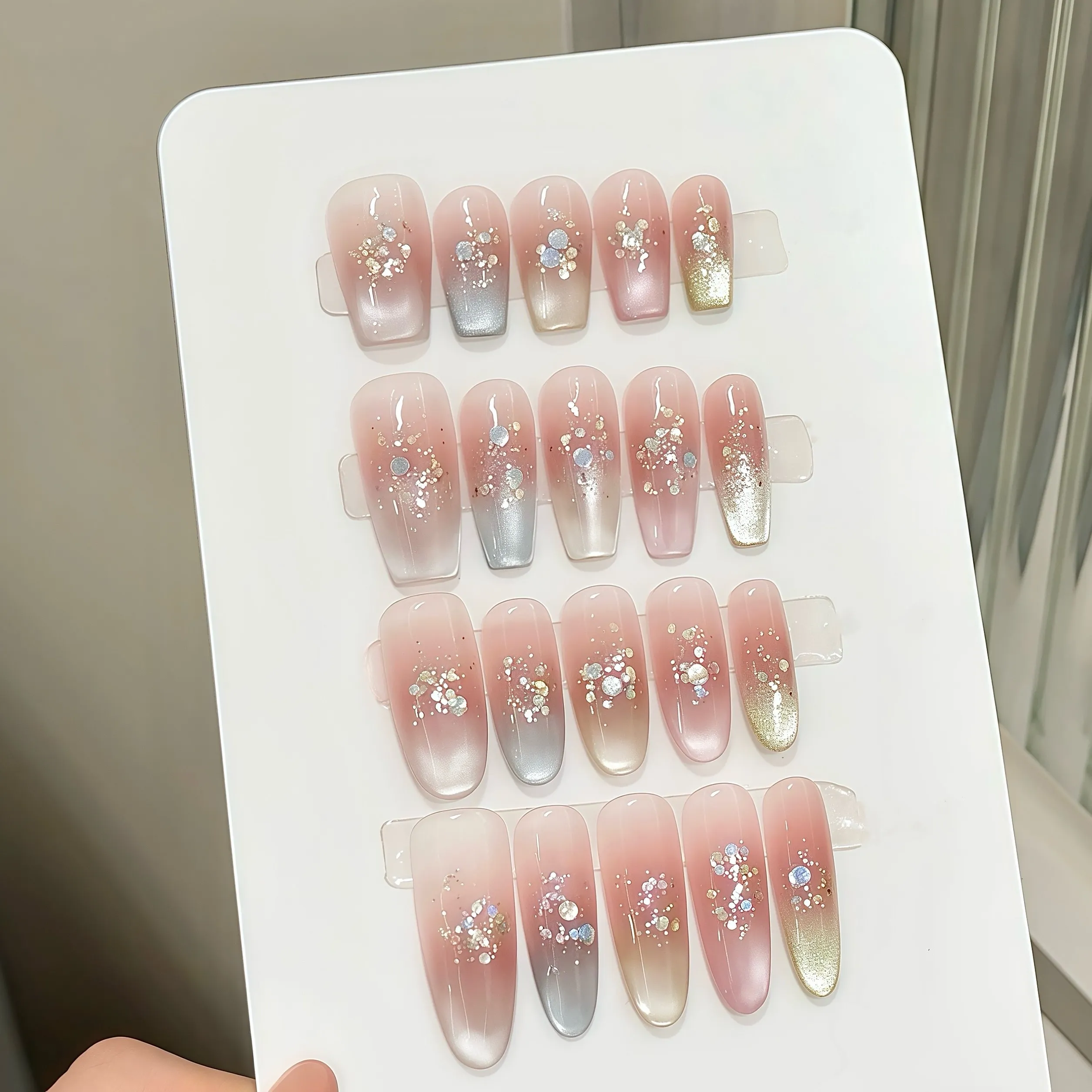 Handmade Press on Nails Rainbow Cateye Fairy with Gillter Design Reusable Wearable Fasle Nails Manicure Full Cover Nail Art