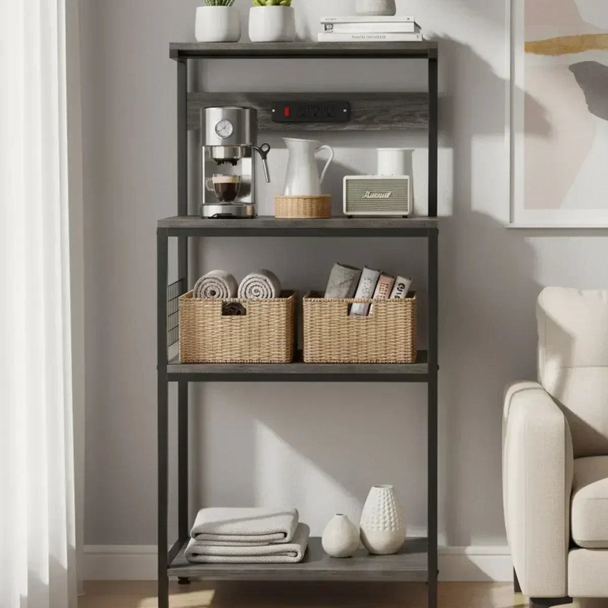 Large Kitchen Baker s Rack Grey 3 Tier Adjustable Shelf Microwave Stand