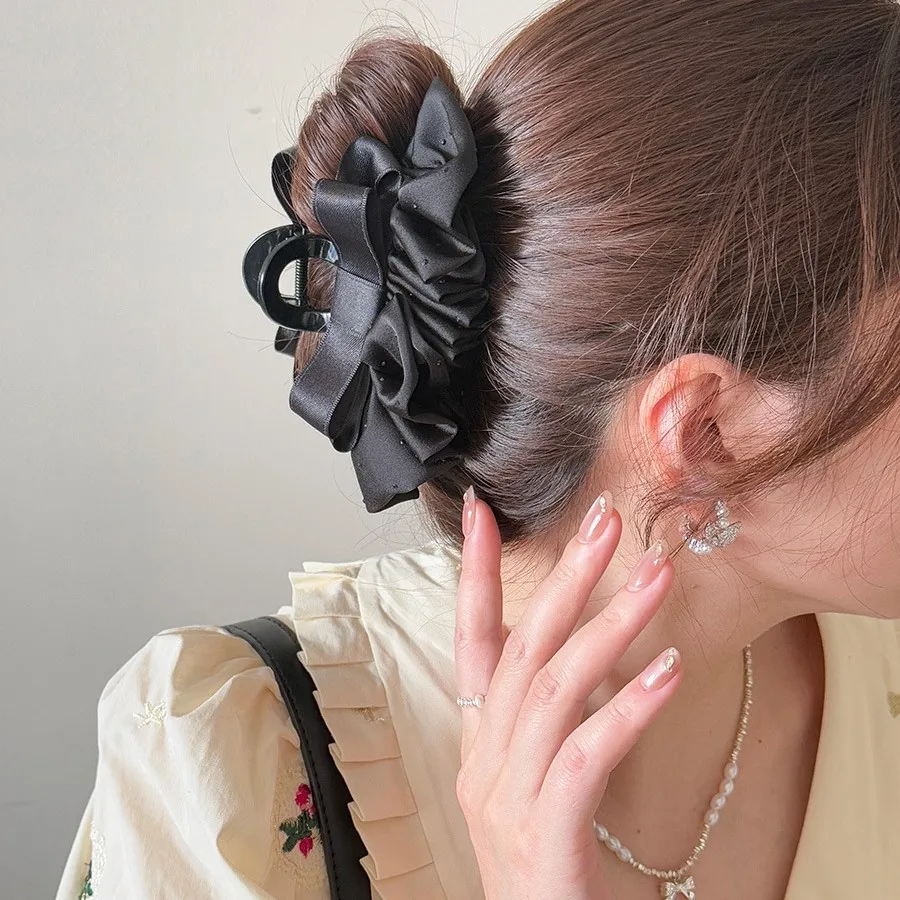 Korean Style Satin Pleated Shark Clip For Back Head Updo French Retro Black Large Size Elegant Hair Claw