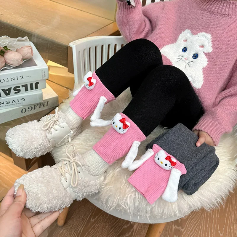 

Sweet Hello Kitty Anime Kawaii Sanrio Ins Lovely Doll Warm Pants Cute Cartoon Kt Cat Thick Clothing Pants Gifts for Kids