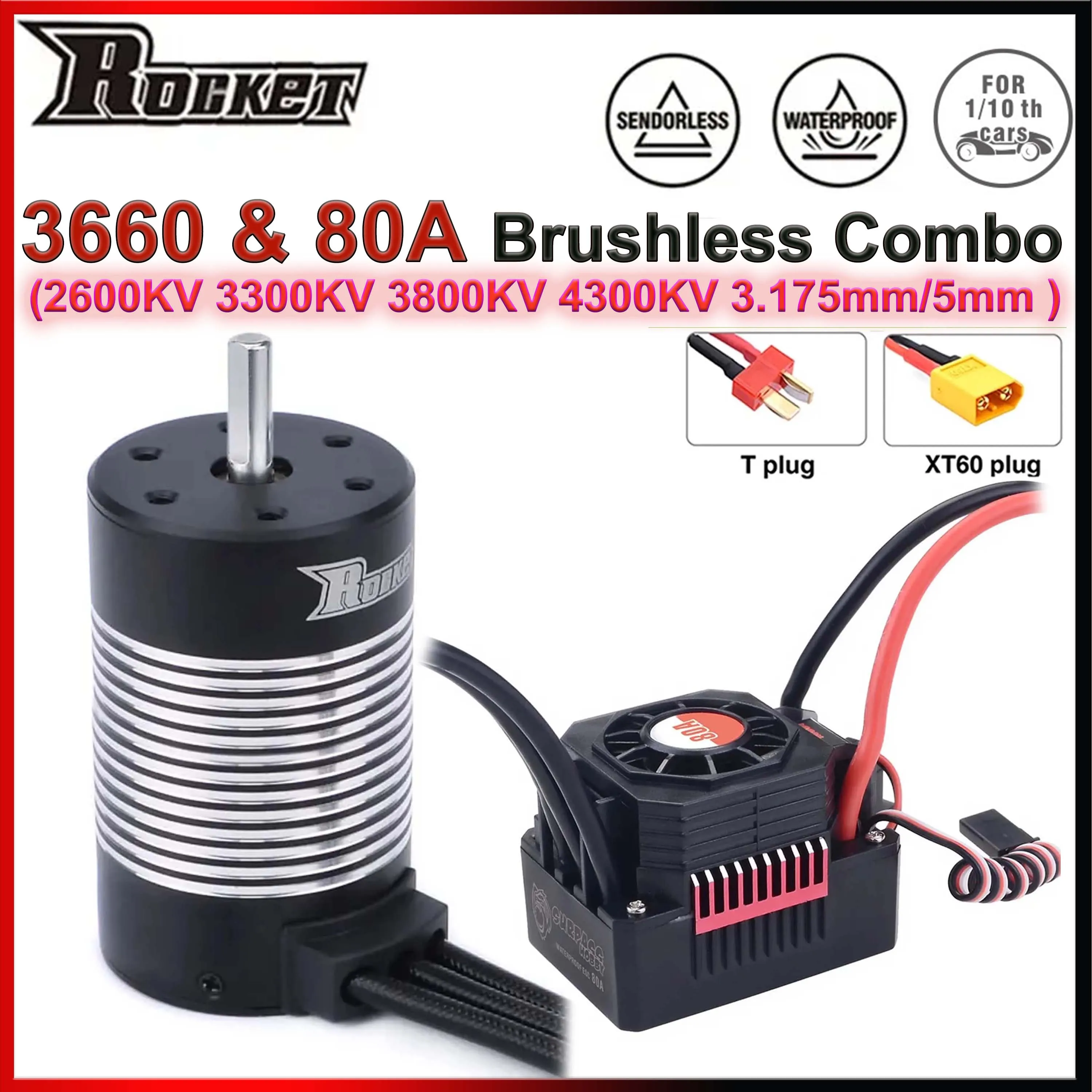 Surpass Hobby Rocket 3660 Waterproof Brushless Motor 3.175/5mm 80A ESC T/XT60 Plug Combo for 1/10 RC Car Tamiya WLtoys Traxxas