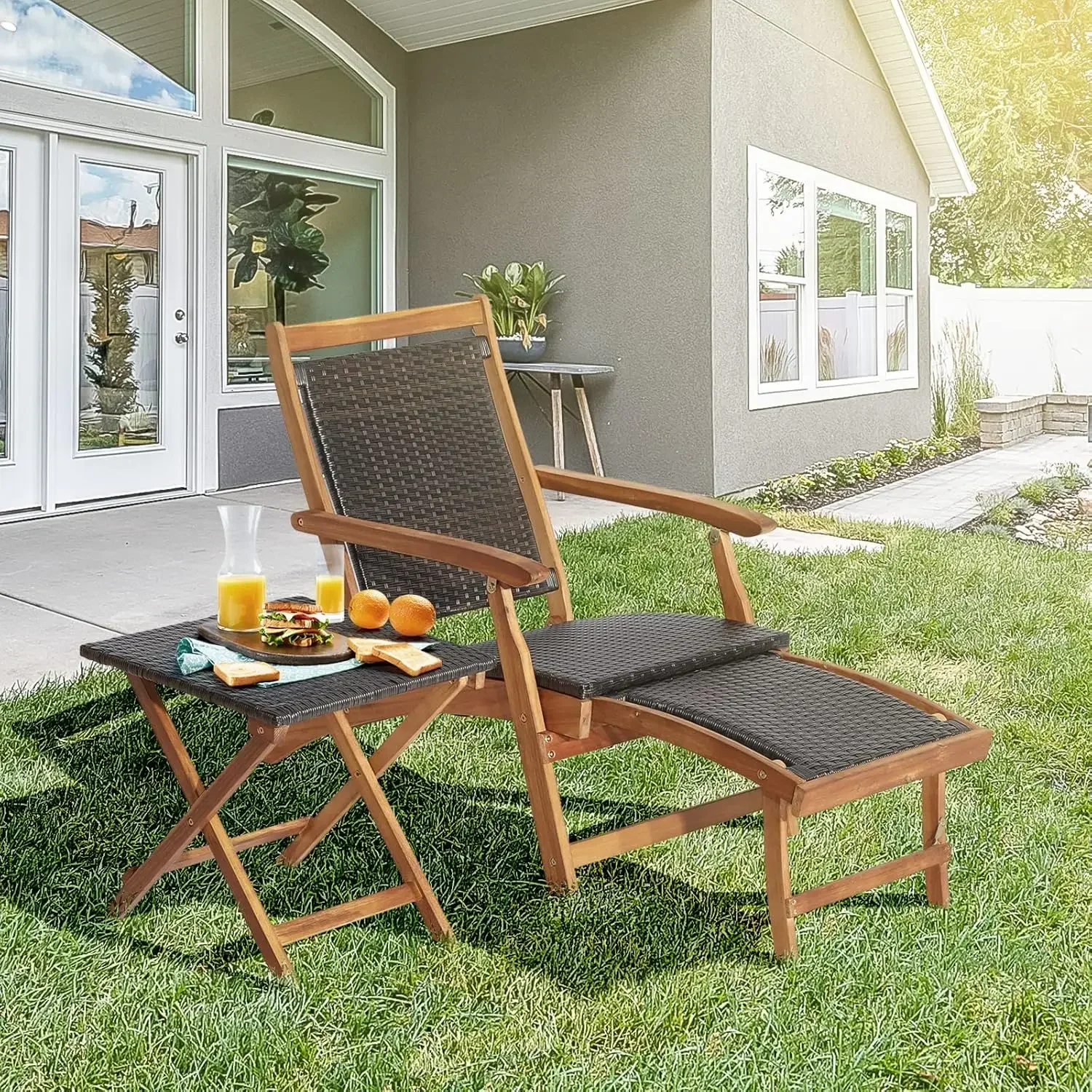 Patio Lounge Chair Set - Outdoor Acacia Wood Chaise Lounge w/Side Table, Armrest & Retractable Ottoman, Rattan Seat, Tabletop, Q