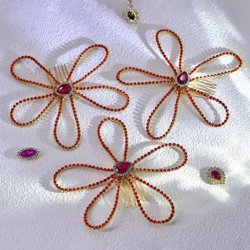 Fairy Red Flower Comb Hairpin Water Drop Crystal Rhinestone Hair Accessory Luxury Glitter Bridal Wedding Hair Ornament Girls