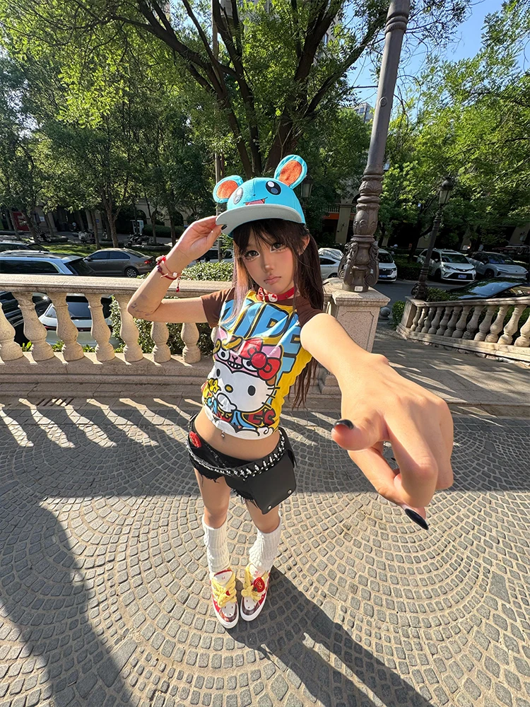 Retro American Kit Color Blo ort Sve T-shirt da donna estiva slim fit Hot Girl oulder Length Top Street Sle Print...