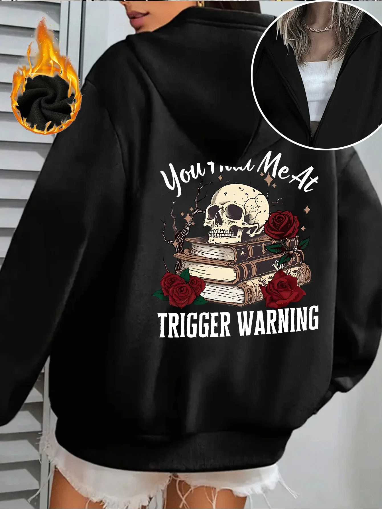 Unisex Skull Rose Book Sport-Zip-Hoodie mit „Trigger Warning“-Schriftzug-Druck, Fleece-gefüttert, Oversized Zip-Up-Sweatshirt für Herbst und Winter – Detail 5