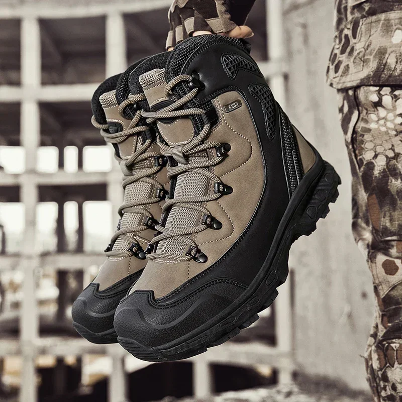 Botas de cuero para el desierto para hombre, botas de trabajo transpirables, antideslizantes, impermeables, para caza, senderismo, zapatos de seguridad de trabajo ligeros antideslizantes